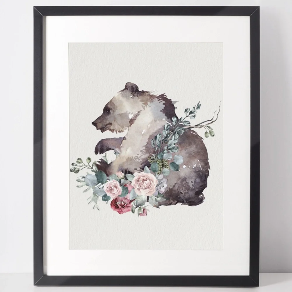 Watercolor Floral Bear Wall Art Print Poster Unframed - Picture 3 of 17